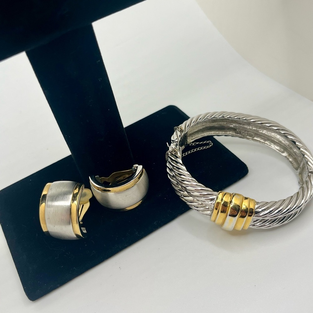 Vintage Two Tone Cable Bracelet & Earrings Bundle Silver Gold 90s